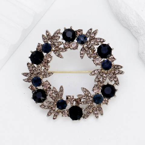 Vintage Legierung Strass Blumen Kranz Brosche Elegante Dunkelblau Kristall Blume Nadel Für Damen Anzüge Mäntel Schmuck
