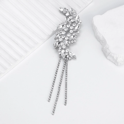Broche de Hoja de Aleación de Lujo con Diamantes de Imitación y Borla Larga Alfiler de Cristal para Mujer Boda