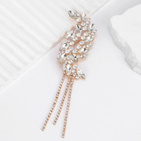 Broche de Hoja de Aleación de Lujo con Diamantes de Imitación y Borla Larga Alfiler de Cristal para Mujer Boda