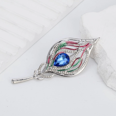 Vintage Peacock Feather Brooch Luxury Alloy Rhinestone Enamel Pin With Water Drop Gemstone Elegant Women Banquet Jewelry Accessory