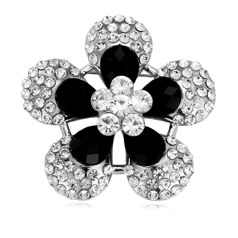 Elegant Zinc Alloy Rhinestone Flower Brooch For Women Vintage Black Gemstone Suit Lapel Pin Fashion Jewelry Accessory