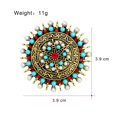 Retro Bohemian Round Sunburst Brooch For Women Zinc Alloy Artificial Pearl Rhinestone Antique Gold Ethnic Palace Pin Jewelry