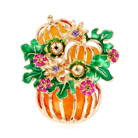 Spilla Vintage a Forma di Zucca con Strass per Halloween Lega di Zinco Smalto Floreale Oro Arancione Accessori per Abbigliamento Festivo Donna