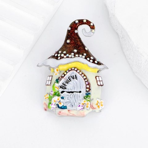 House Shaped Brooch For Women Alloy Enamel Rhinestone Fairy Tale House Pin With Believe Lettering Vintage Jewelry Accessory