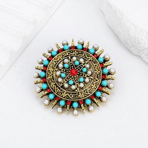 Broche Redondo Vintage Bohemio de Aleación Estrella de Sol Con Perla Artificial de Imitación Strass Multicolor Joyería Étnica Mujer