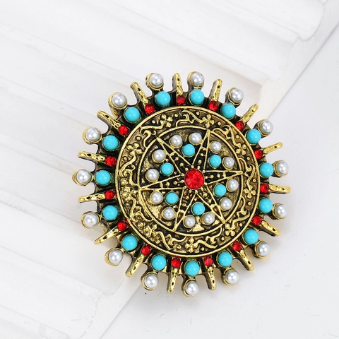 Broche Redondo Vintage Bohemio de Aleación Estrella de Sol Con Perla Artificial de Imitación Strass Multicolor Joyería Étnica Mujer