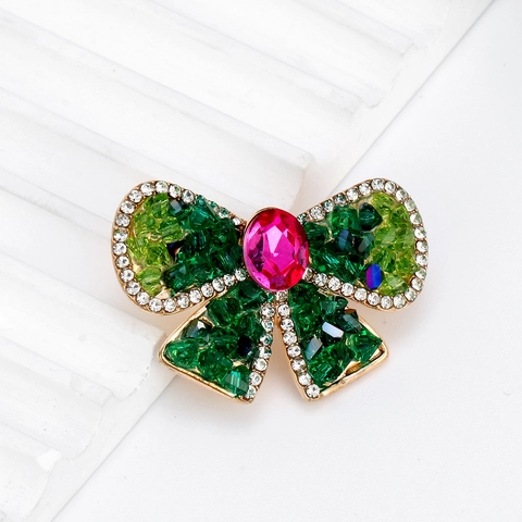 Elegante Broche de Lazo de Aleación Cristal Rosa Verde Diamante de Imitación Incrustado Joyería de Moda Pin para Mujeres Boda Fiesta Regalo