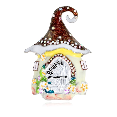 Spilla a Forma di Casa di Natale delle Fiabe in Lega Smalto Strass Cottage Pin Vintage Believe Slogan Spilla Gioielli per Regalo di Capodanno