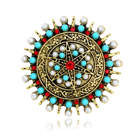Retro Bohemian Round Sunburst Brooch For Women Zinc Alloy Artificial Pearl Rhinestone Antique Gold Ethnic Palace Pin Jewelry