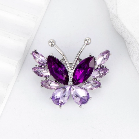 Elegant Zinc Alloy Crystal Glass Butterfly Brooch Pin With Purple Green Rhinestones For Women Wedding Party Clothing Decoration