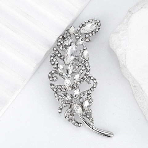 Eleganter Legierung Silber Feder Brosche Mit Strass Und Kristall Für Damen Luxus Anzug Pin Mantel Zubehör Korsage Schmuck