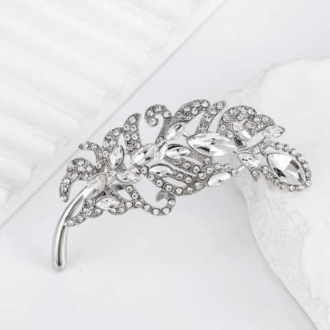 Eleganter Legierung Silber Feder Brosche Mit Strass Und Kristall Für Damen Luxus Anzug Pin Mantel Zubehör Korsage Schmuck