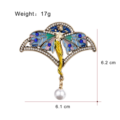 Spilla Vintage a Forma di Fata Angelo per Donna in Lega con Ali Smaltate Colorate e Pendente in Perla Artificiale con Strass Retrò
