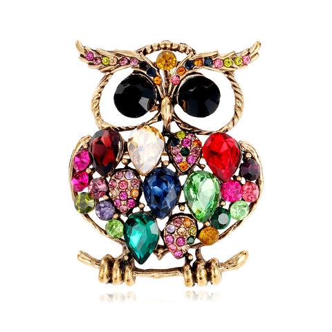 Broche Hibou en Alliage Vintage Avec Strass Colorés Forme Animale pour Femme Mode Exquise Broches Or Argent Antique