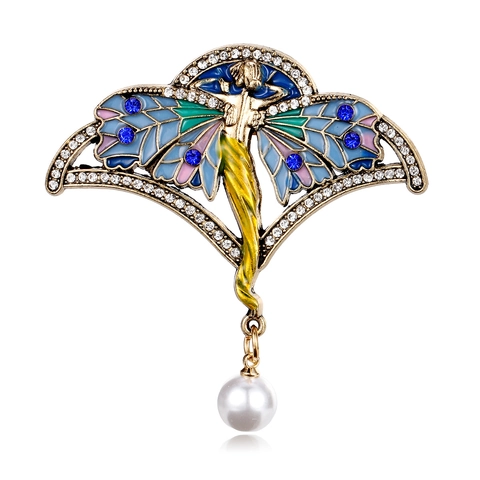 Spilla Vintage a Forma di Fata Angelo per Donna in Lega con Ali Smaltate Colorate e Pendente in Perla Artificiale con Strass Retrò