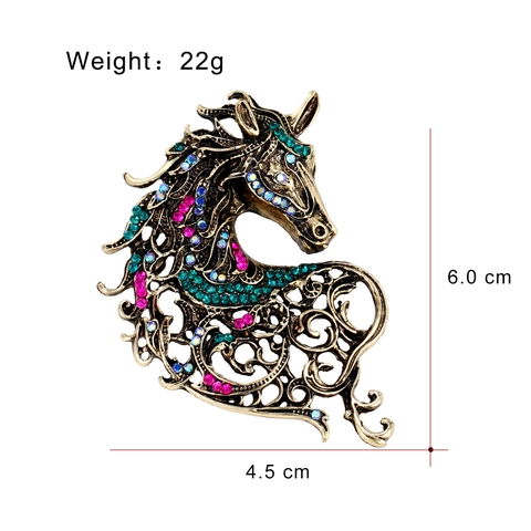 Vintage Alloy Horse Head Brooch With Colorful Rhinestone Inlay Antique Gold Zodiac Animal Lapel Pin For Women Retro Jewelry