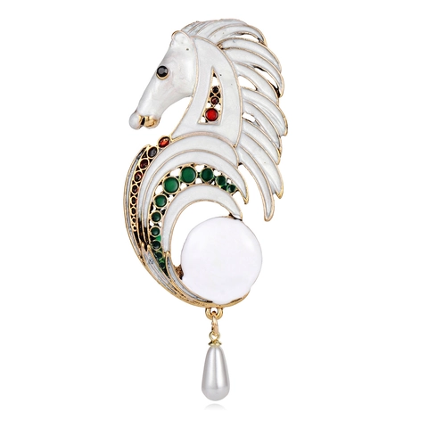 Retro Königshof-Stil Weiß Pferdekopf Brosche Mit Emaille Strass Und Künstliche Perle Anhänger Für Damen Legierung Schmuck