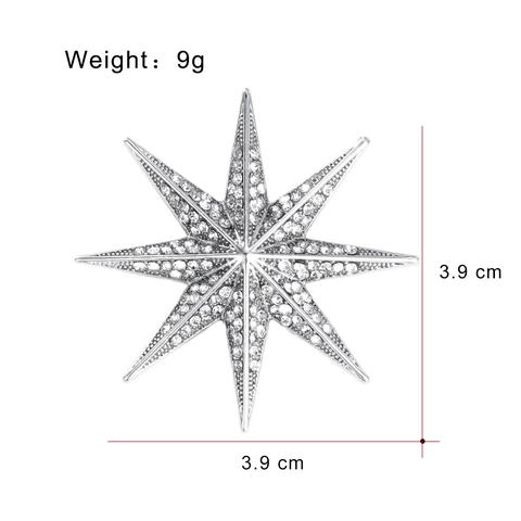 Elegant Silver Tone Eight Pointed Star Brooch For Women Men Zinc Alloy Rhinestone Starburst Pin Octagram Fashion Jewelry Gift