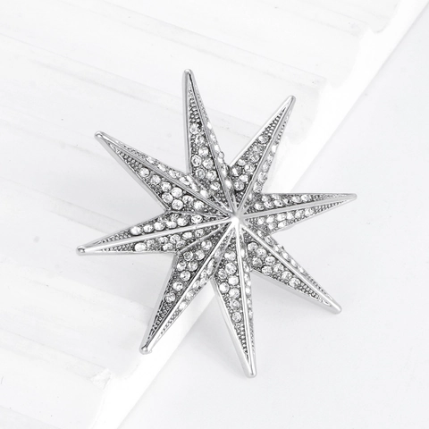 Broche Étoile à Huit Branches en Alliage Strass Homme Femme Argenté Géométrique Étoile du Nord Épingle de Revers Bijoux