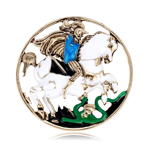 Vintage Alloy Enamel Knight Saint George Dragon Brooch Round Openwork Palace Style Corsage Pin For Suits Women Men Jewelry