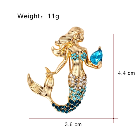 Exquisite Alloy Mermaid Brooch Pin Gradient Rhinestone Inlaid Gold Tone Mermaid Tail Crystal Brooch For Women Fashion Jewelry