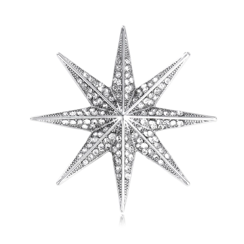Elegant Silver Tone Eight Pointed Star Brooch For Women Men Zinc Alloy Rhinestone Starburst Pin Octagram Fashion Jewelry Gift