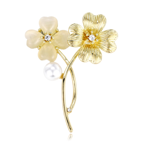 Elegante Broche de Flor de Aleación Perla Artificial Diamante de Imitación Ojo de Gato Galvanizado Estilo Coreano Joyería Mujer