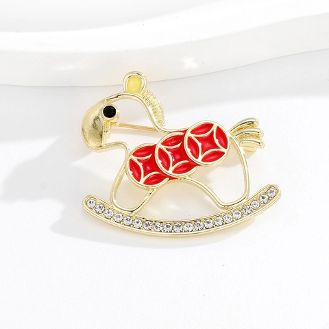 Vintage Legierung Schaukelpferd Brosche Mit Rotem Emaille Münzmuster Strass Eingelegt Gold Nadel Für Damen Modeschmuck