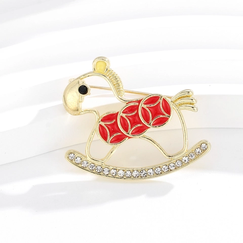 Vintage Legierung Schaukelpferd Brosche Mit Rotem Emaille Münzmuster Strass Eingelegt Gold Nadel Für Damen Modeschmuck