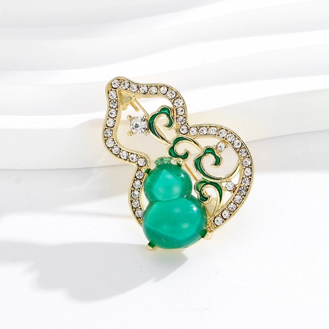 Broche de Calabaza de Estilo Chino Vintage para Mujer Aleación con Diamantes de Imitación Esmalte Imitación Jade para Abrigo