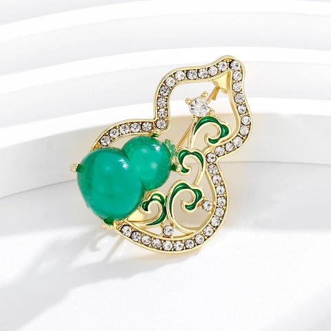 Broche Calebasse de Style Chinois Vintage pour Femmes Alliage Incrusté de Strass Émail Imitation Jade Épingle Accessoire