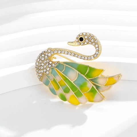 Elegant Gold Gradient Enamel Swan Brooch With Rhinestones High Quality Animal Lapel Pin For Women Party Fashion Jewelry