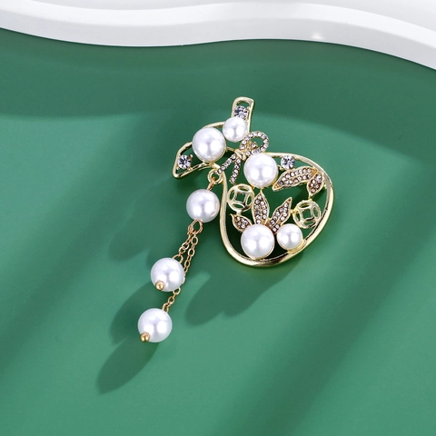 New Chinese Style Gourd Fortune Bag Brooch With Artificial Pearl Tassels Alloy Rhinestone Inlaid Fashion Pin For Women Accessories