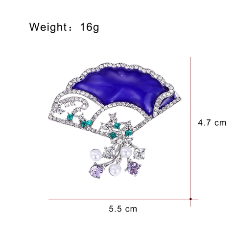Elegante Spilla a Ventaglio Pieghevole in Smalto Blu Lega Strass Perla Artificiale per Abbigliamento Donna Gioielli Moda