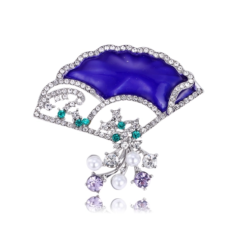 Elegante Spilla a Ventaglio Pieghevole in Smalto Blu Lega Strass Perla Artificiale per Abbigliamento Donna Gioielli Moda