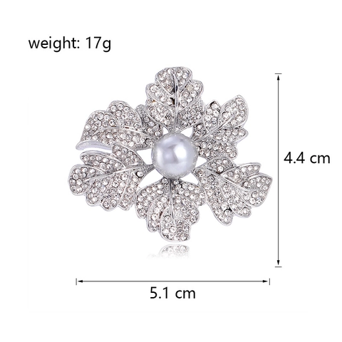 Elegante Spilla a Fiore in Lega Con Strass e Perla Artificiale Spilla Floreale Placcata Argento per Donna Matrimonio Gioielli