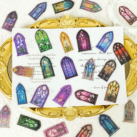 Gothic Stained Glass Window PET Stickers Translucent Cathedral Floral Arched Decorative Decals For Scrapbooking Journaling DIY