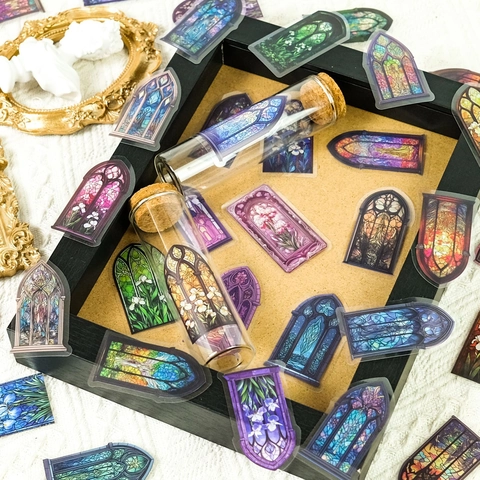 Gothic Stained Glass Window PET Stickers Translucent Cathedral Floral Arched Decorative Decals For Scrapbooking Journaling DIY