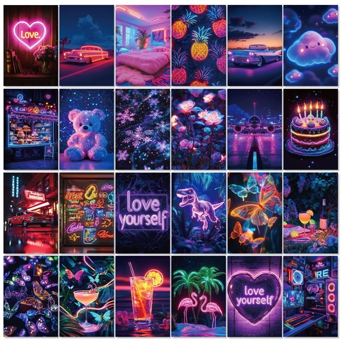 Dreamy Purple Aesthetic Wall Collage Kit Neon Cyberpunk Style Wall Decor Cards Motivational Posters For Bedroom Dorm Room