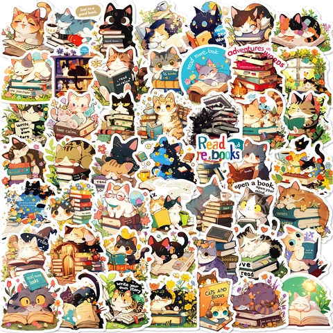 Cartoon Katze Lesen Buch Aufkleber Wasserdicht PVC Deko Decals Für Laptop Gitarre Koffer DIY Scrapbooking Basteln Geschenk