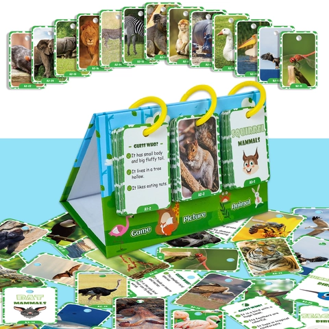 Flash Card Educative Realistiche con Animali con Supporto e Anelli Giocattolo Cognitivo Interattivo per l'Infanzia