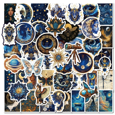 Adesivi Vintage Mitologia Celeste Oro Impermeabili Blu Luna Sole Dea Astrologia Decals per Laptop Borraccia Cover Telefono Arredo