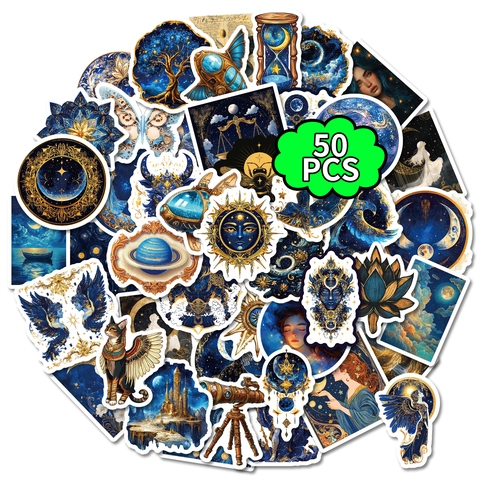 Adesivi Vintage Mitologia Celeste Oro Impermeabili Blu Luna Sole Dea Astrologia Decals per Laptop Borraccia Cover Telefono Arredo