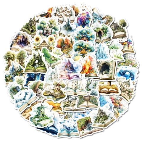 World In Books Watercolor Decorative Stickers Fantasy Castle Forest Self-Adhesive Aesthetic Decals For Scrapbooking Journaling Phone Laptop DIY Decoration