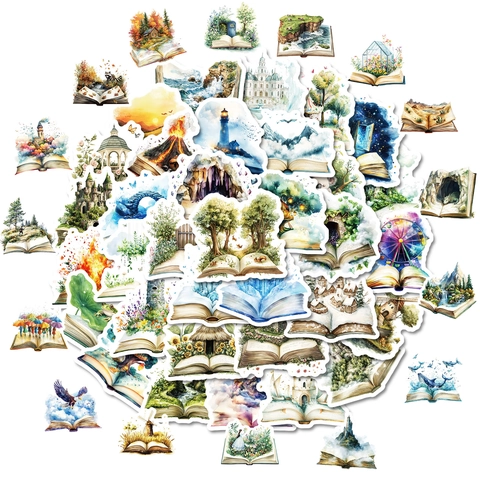World In Books Watercolor Decorative Stickers Fantasy Castle Forest Self-Adhesive Aesthetic Decals For Scrapbooking Journaling Phone Laptop DIY Decoration
