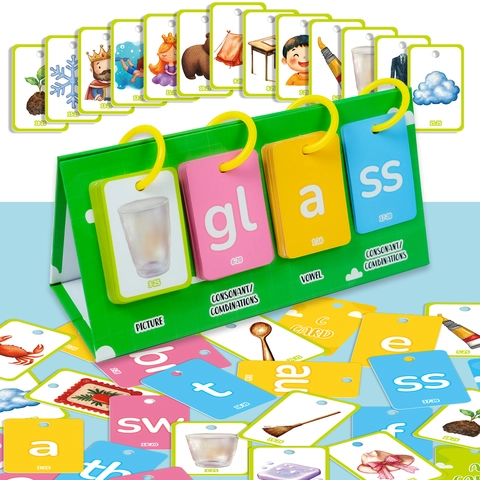 English Phonics Flash Cards Kids Word Building Tool With Green Foldable Stand Early Learning Classroom Teaching Aid