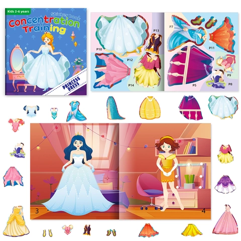 Kids Princess Dress Up Sticker Book Reusable Educational DIY Sticker Book For Girls Concentration Training Activities No-Cut Paper Toys