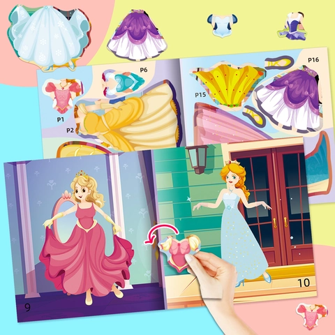 Kids Princess Dress Up Sticker Book Reusable Educational DIY Sticker Book For Girls Concentration Training Activities No-Cut Paper Toys