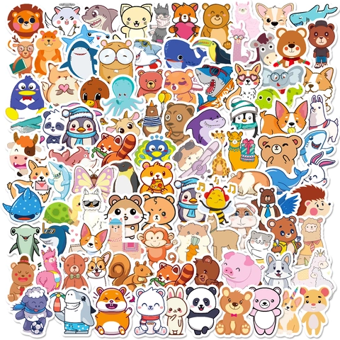 Lot de 100 Autocollants Imperméables en PVC Animaux de Dessin Animé Mignons Panda Chat Chien Requin pour Ordinateur Portable Gourde DIY Journaling Papeterie Cadeau Enfant