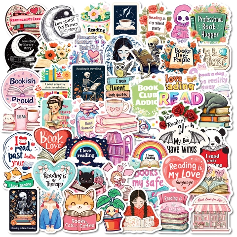 Adesivi in PVC Impermeabili a Tema Lettura per Laptop Scrapbooking Decorativi Amanti dei Libri Gatti Fiori Citazioni Serie DIY
